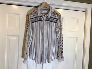 Pilcro Anthropologie Boho Button Down Shirt Womens M Embroidered Peasant Cowgirl